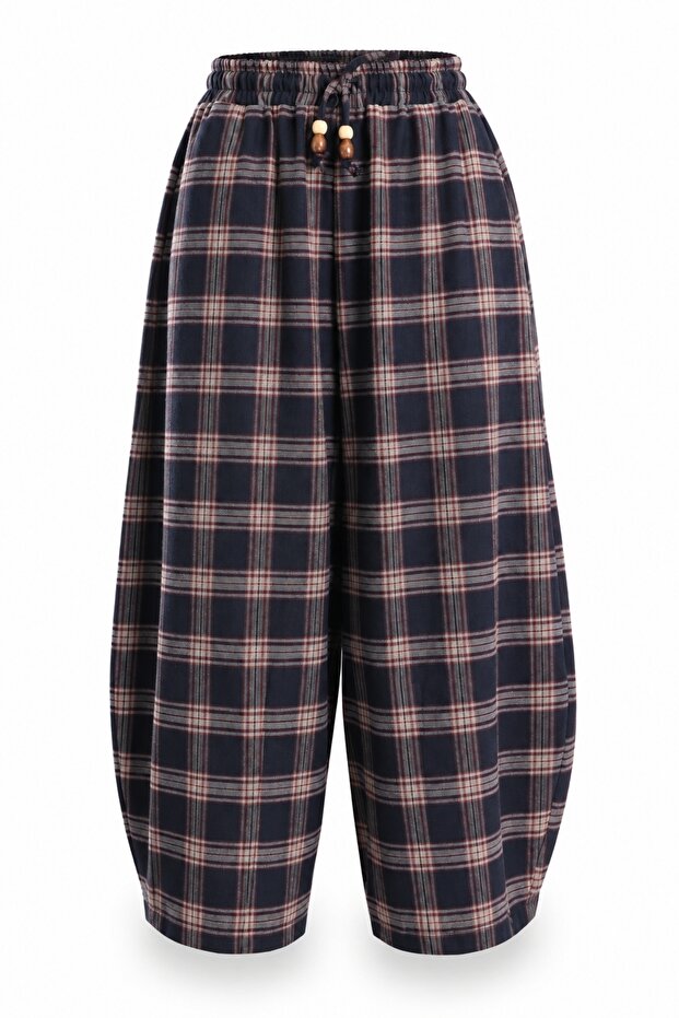 Navy Blue Plaid Barrel Pants 51486