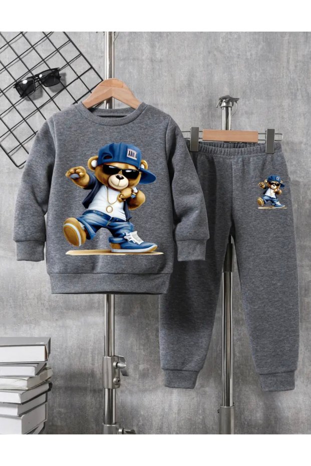 Round Neck Tiny Bear Rap Time Printed 100% Cotton Winter Boys' Pocketless Tracksuit Set
