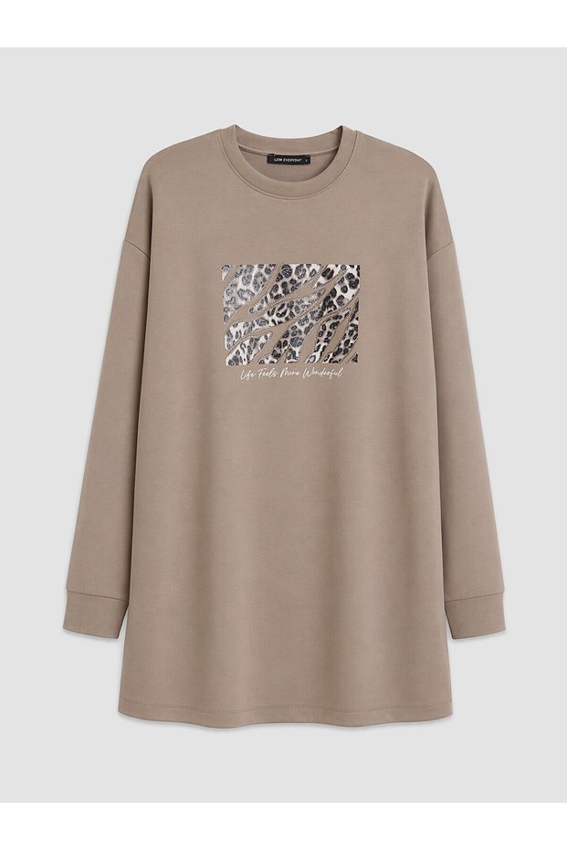 Two Mt Shop Quality Lcw Everyday Brown Diving Fabric Plain Oversize Women's Sweatshirt Tunic