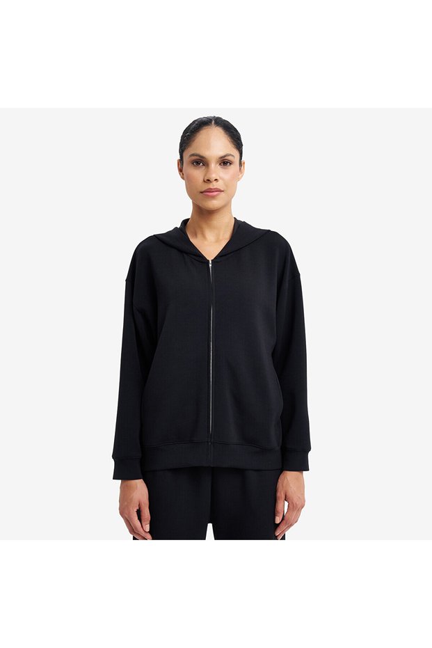 Black Women's Zippered Hooded Sweatshirt 26S-2221-26N