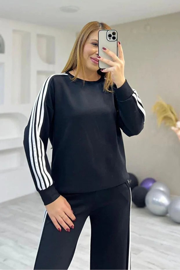 Modal Fabric Women's 4-Stripe Detailed Wide Leg Tracksuit Set Oversize Sweat