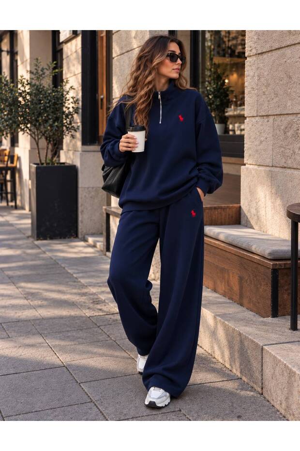 Navy Blue Printed Wide-Leg Comfortable Fit Bottoms and Half-Zipper Stand-Up Collar Top Set