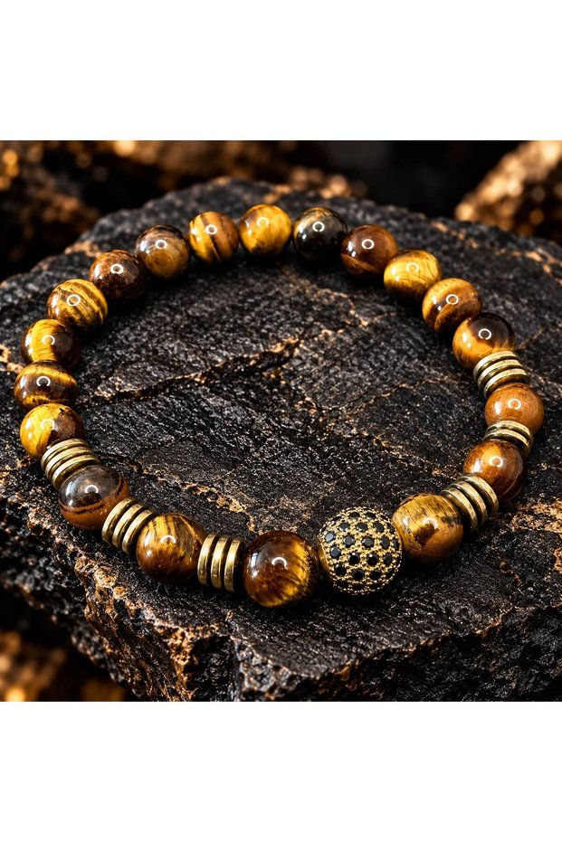 Natural Men's Flexible Bracelet with Natural Tiger's Eye and Black Zircon Stones