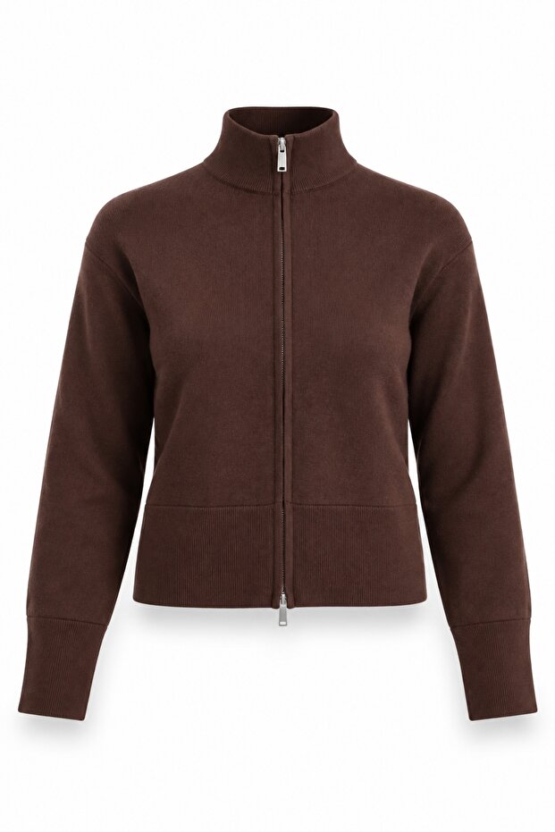 Brown Mock Neck Zippered Cardigan 0657