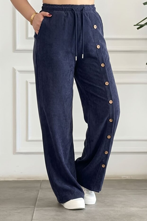 Button Detailed Wide Leg Velvet Trousers