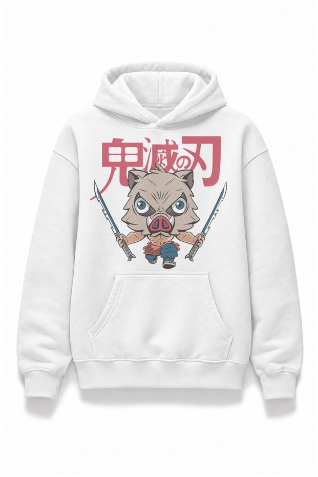 Unisex Demon Slayer Baby Inosuke Printed Hooded Sweatshirt, Oversized Anime Themed Hoodie