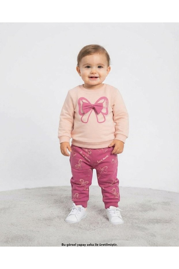 Girl's Seasonal Thin 2-Piece Set for Ages 1-2-3-4 with Mom and Bow Detail, 2 Threaded Top and Bottom, Compact Set of 2