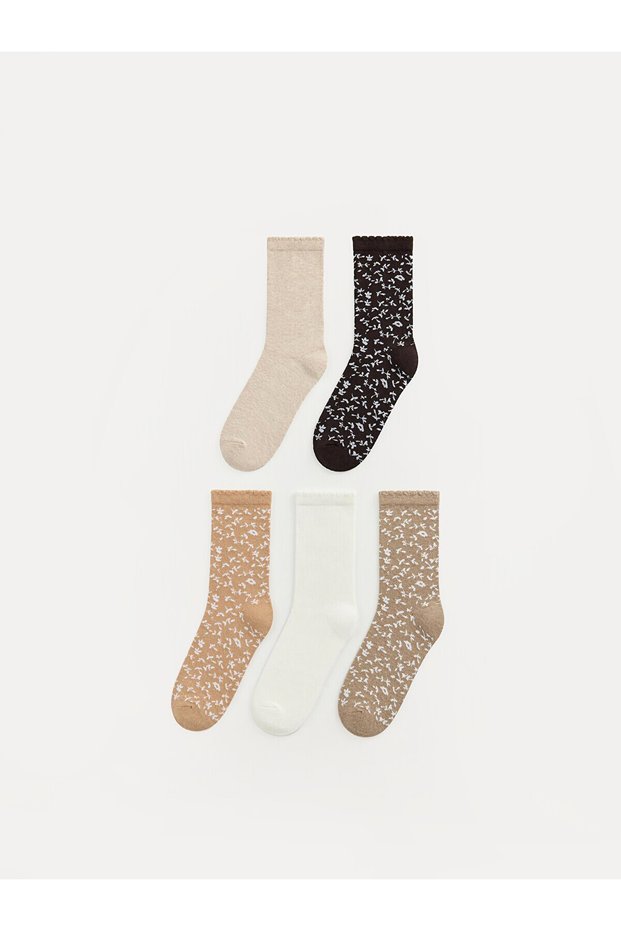 Alita City Farkıyla Lcw Dream Brown Floral 5-Piece Pack Women's Socks