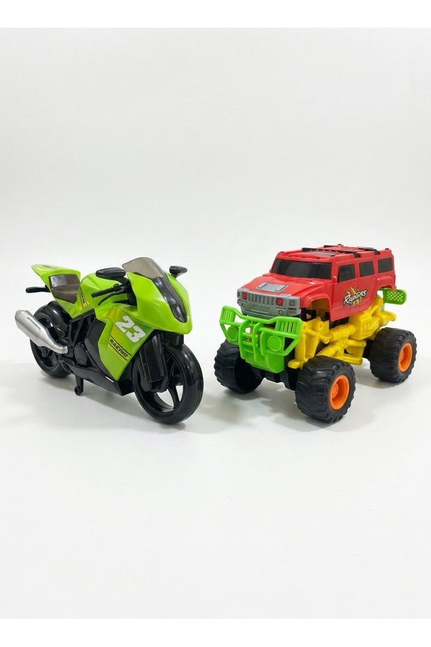 Set of 2 Monster Trucks Friction-Powered Jeep and Toy Racing Motorbike Mixed Color