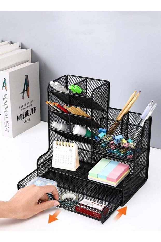 HOOPZOZA Mesh Desk Organizer with Pen Holder and Drawer Multifunction Desktop Organizer Multiple