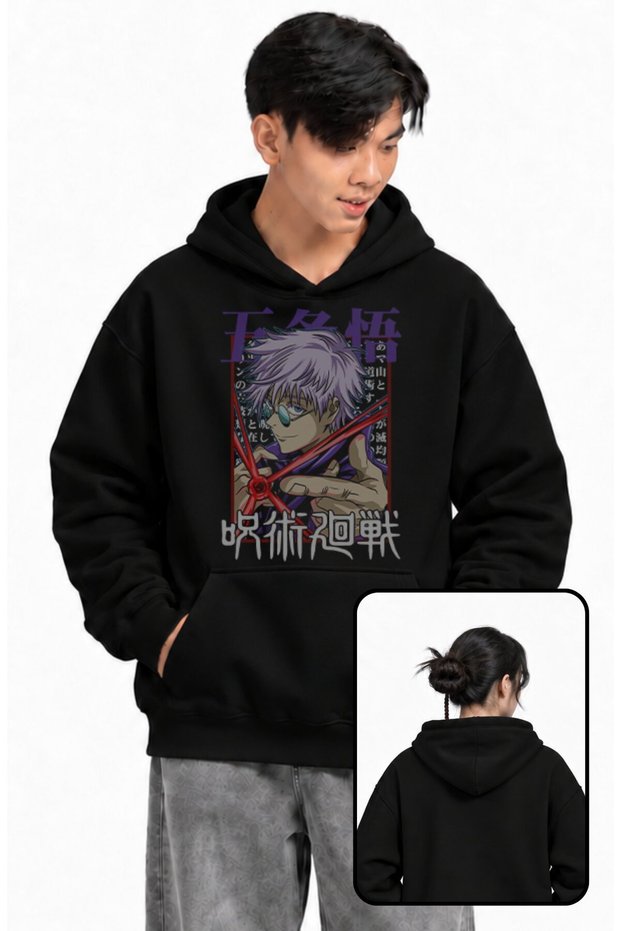 Unisex Gojo Satoru Printed Hooded Sweatshirt, Oversized Jujutsu Kaisen Anime Themed Hoodie