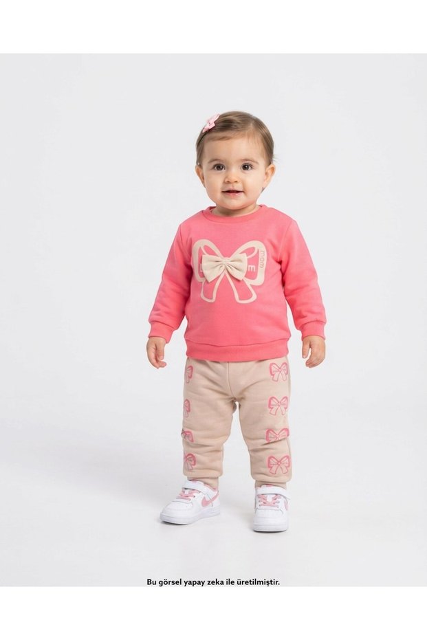 Girl's Seasonal Thin 2-Piece Set for Ages 1-2-3-4 with Mom and Bow Detail, 2 Yarns, Top and Bottom, Compact Set of 2