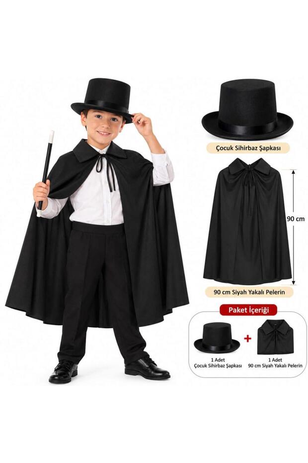 3-Piece Children's Magician Set – 90 cm Black Cape, Hat, and Moving Magic Wand
