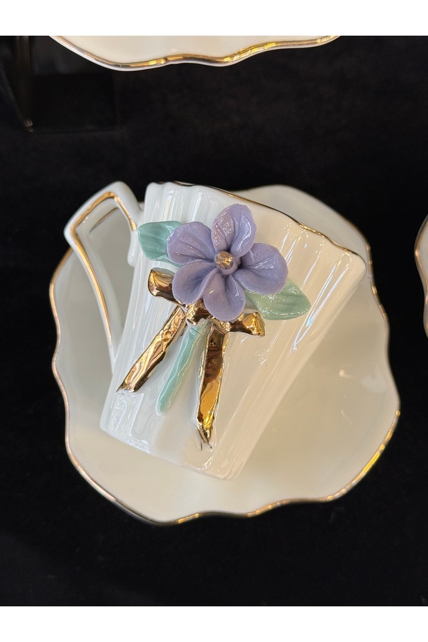 Special Design Colorful Porcelain Flower Ribbon Detail Coffee Cup Set for 6 People 90 ml