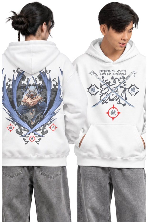 Unisex Demon Slayer Inosuke Back Printed Hooded Sweatshirt, Oversized Anime Themed Hoodie