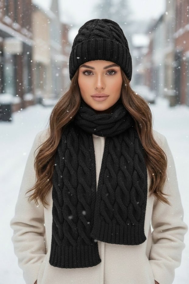 Women's Winter Wool Scarf and Beanie Set