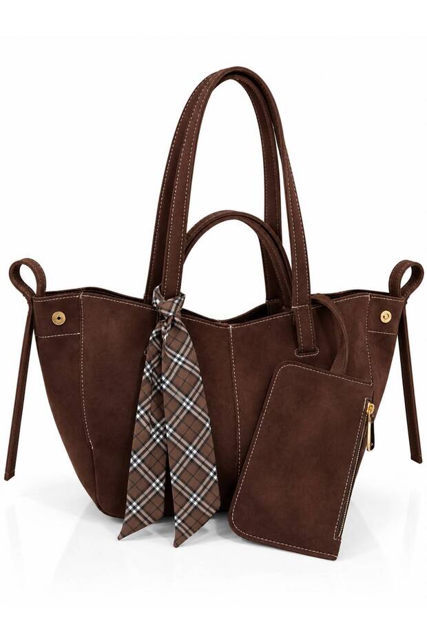 Women's Special Design Hand and Shoulder Bag with Scarf and Wallet Detail