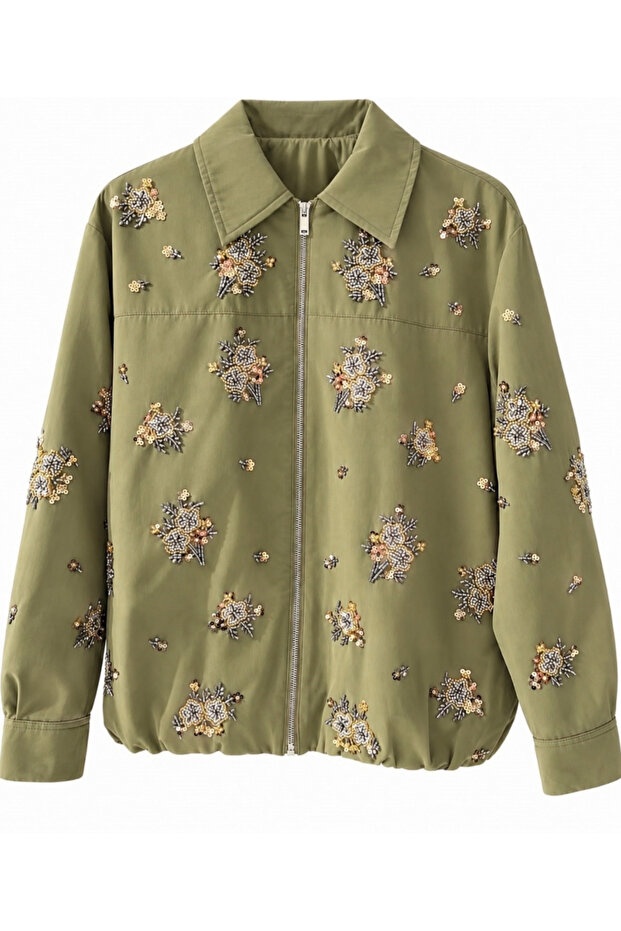Khaki Sequin and Bead Embroidered Jacket