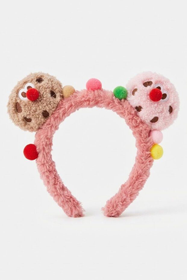 Colorful Pompom Plush Hair Crown with Chocolate Cookie Figures - Fun Makeup and Face Washing Crown