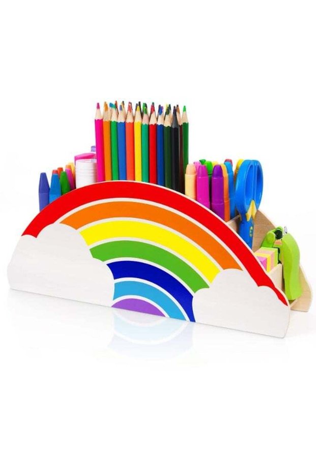 Wooden Pen Holder & Pencil Holders - Rainbow Supply Caddy Phone Holder Desk Organizer for Office