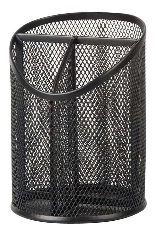 Pen Holder Mesh Round Pencil Holder Desktop Organizer 3 Compartments, Black