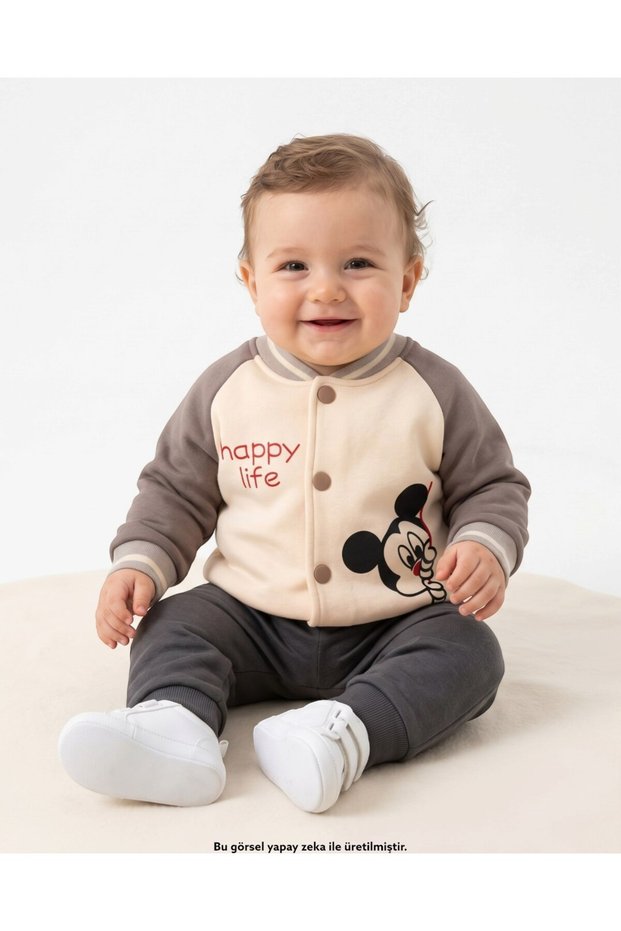 Baby Boy and Girl 1-2-3 Years Old, Mickey Printed Thick 3 Thread Raster College Cardigan, Jacket