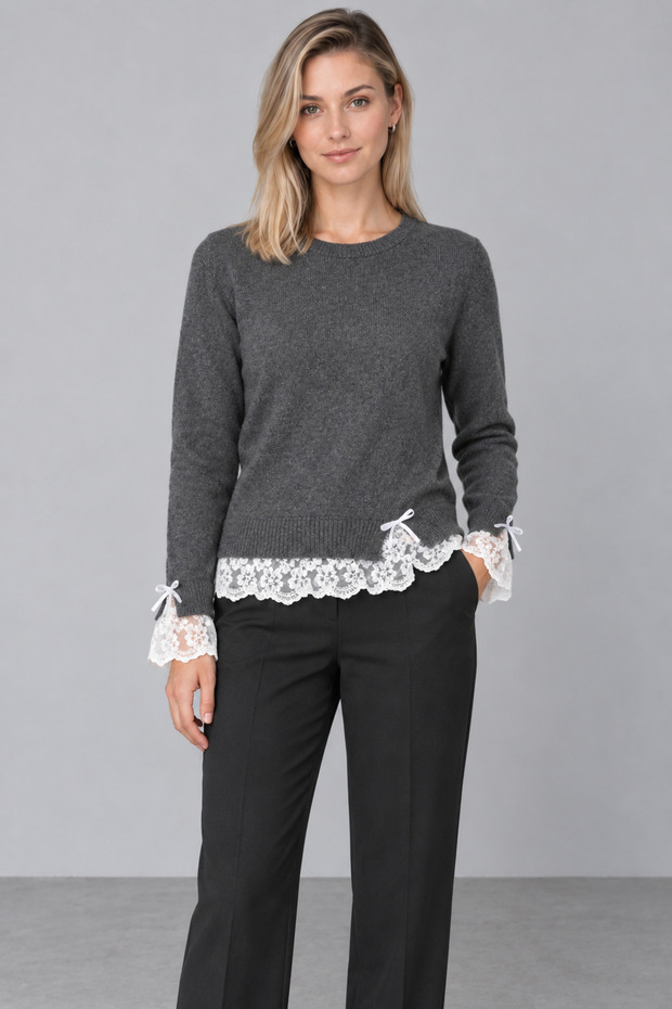 Women's Knitwear Sweater with Lace on Sleeves and Hem