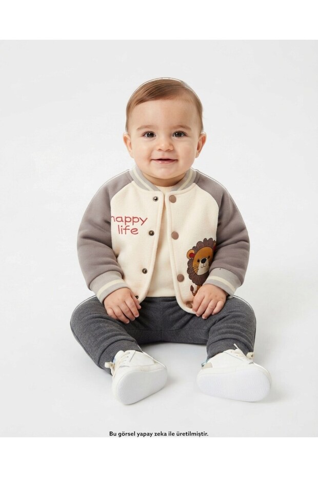 Baby Boy 1-2-3 Years Old, Lion Printed Thick 3-Strand Rastered College Cardigan, Jacket,