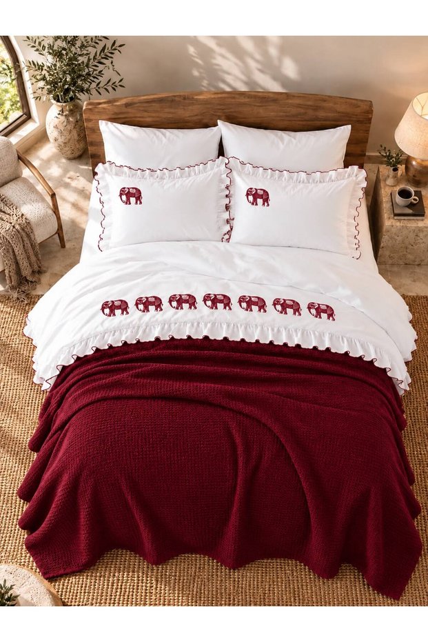 Knitwear Blanket Burgundy Elephant Embroidered 100% Cotton Double 7-Piece Duvet Cover Set