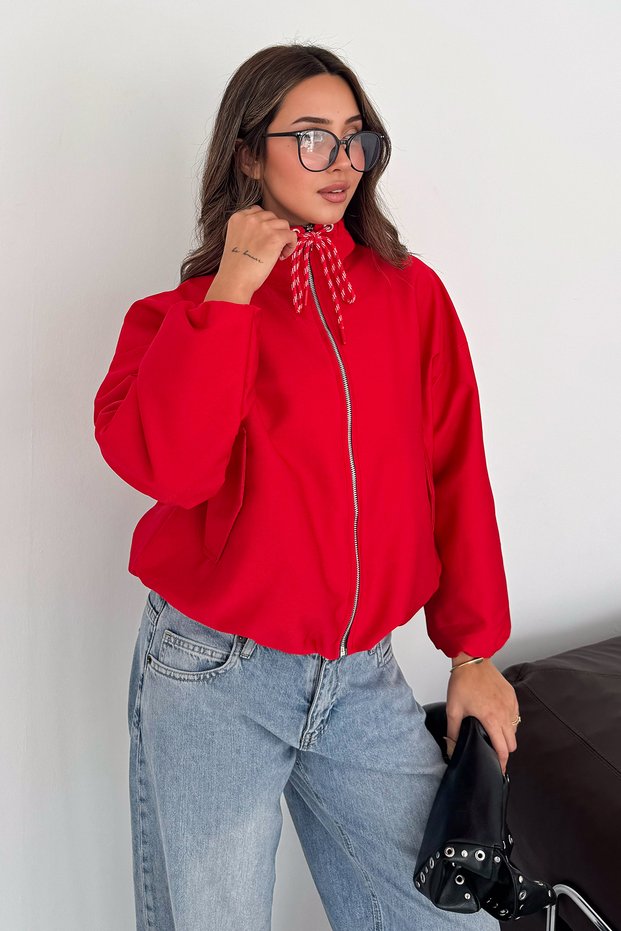 Women's Stand Collar Zipper Jacket with Cord Detail