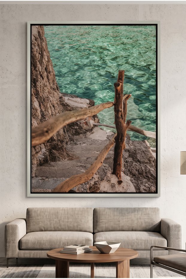 Turquoise Sea Nature Wall Art | Portrait Framed Canvas Print | Luxury Modern Botanical Decor for Living Room