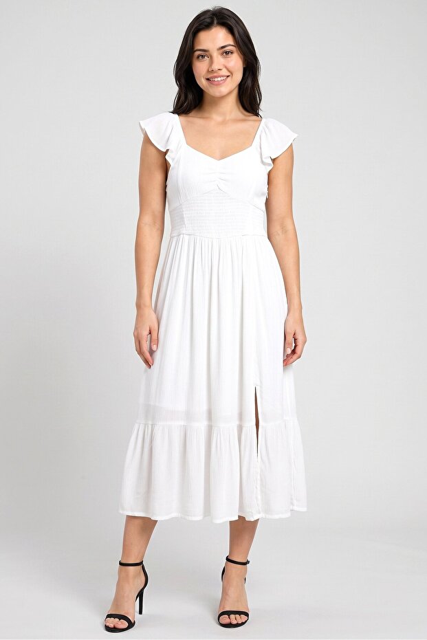 Women Shirred Midi Dress, White