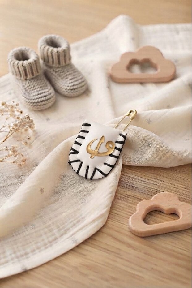 Elif Vav Decorated Black Leather Handmade Baby Cevşen - Tybezyib1774