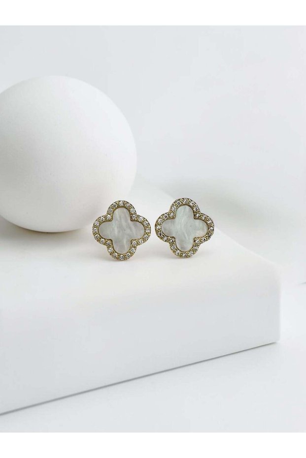 White Stone Medium Size Clover Earrings
