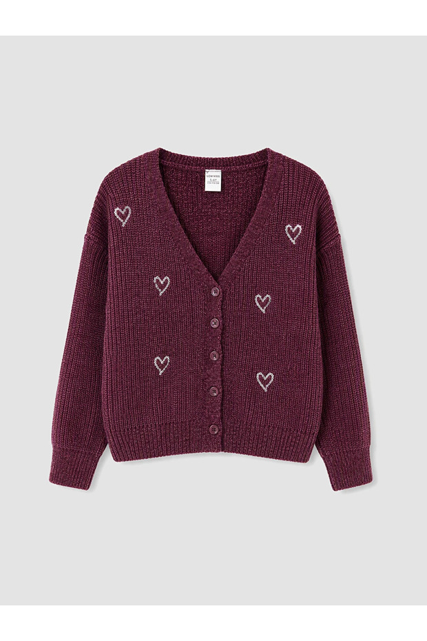 Plum Sequin Embroidered Girls' Knitwear Cardigan