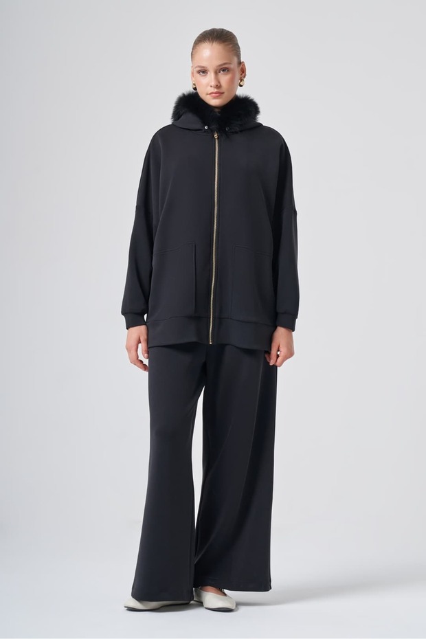 1078 Hooded Suit with Fur Detail on Pants Black