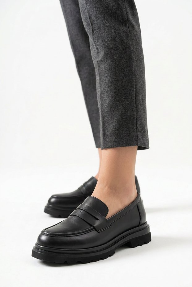 Selar Belted Genuine Leather Women's Loafer Ballerina Black Skin
