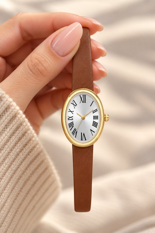 22 mm Small Case, Roman Numerals, Brown Leather Band, 5 Atm Pool Sea Use, Women's Wristwatch+Bracelet