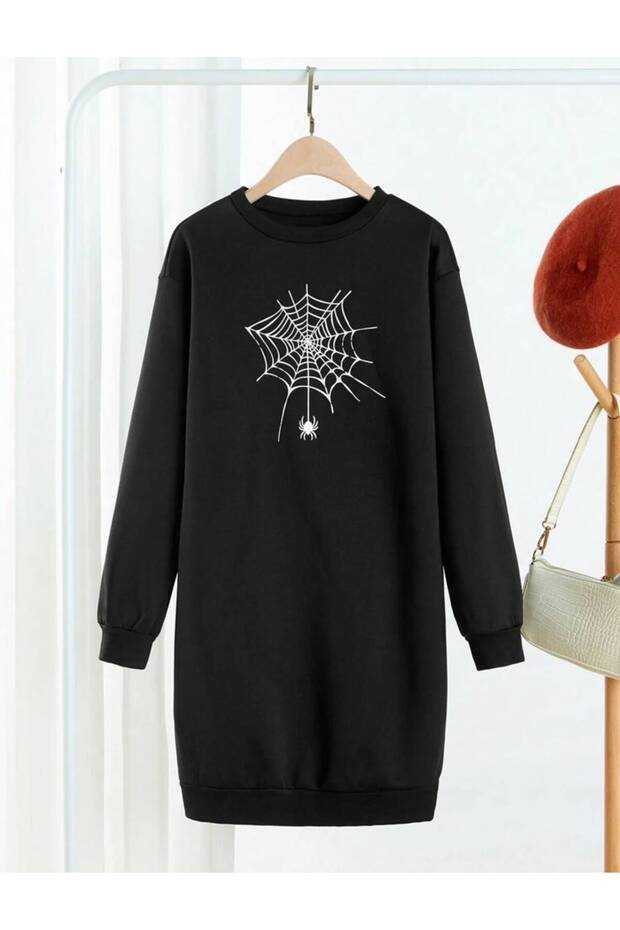 Women's Black Spider Web Printed Long Tunic 90 Length Raised Knitted Tunic