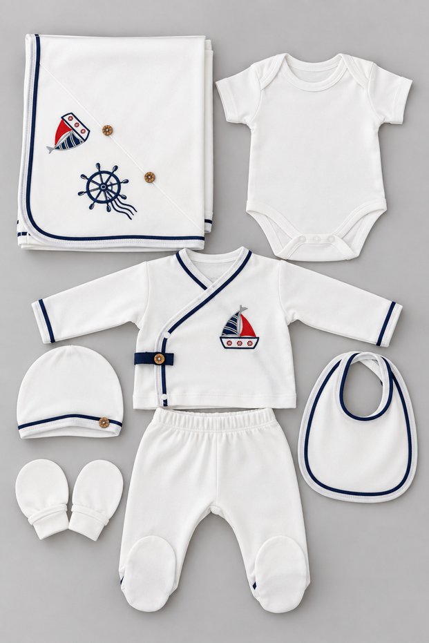 Sailboat Embroidered Baby Boy 7 Piece Hospital Discharge Set 100% Cotton