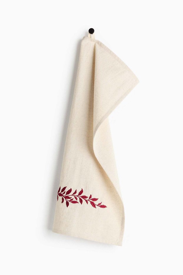 Embroidered linen-blend tea towel