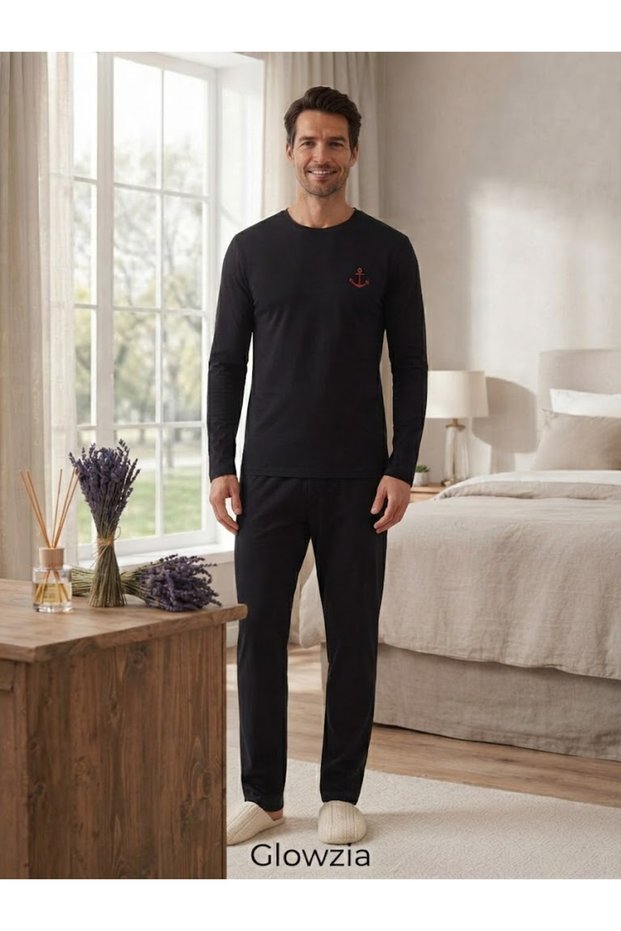 Navy Blue Long-Sleeved Knitted Men's Pajama Set