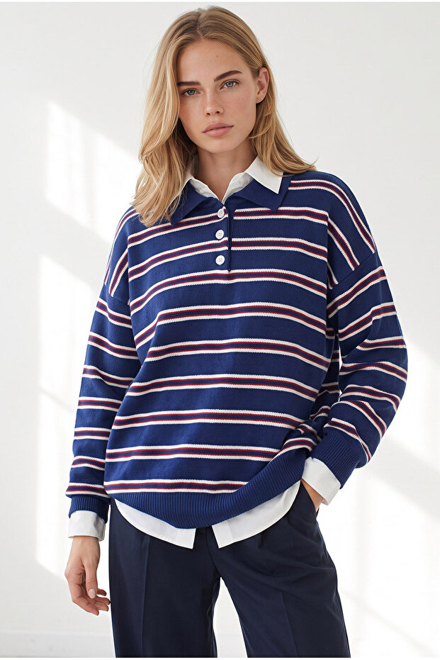 Women's Navy Blue Polo Collar Striped Knitwear Sweater Kzk-19001186