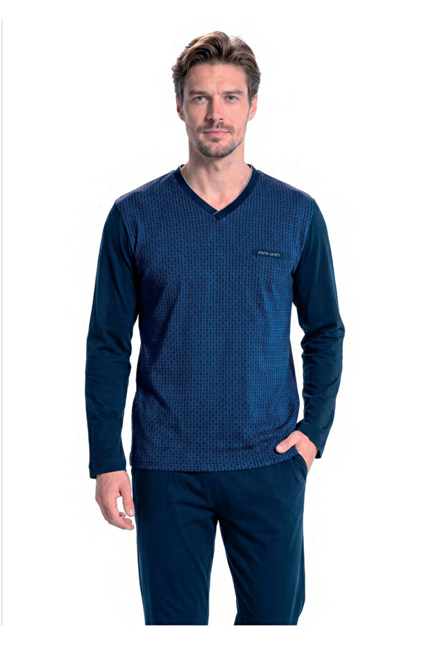 Men's V-Neck Jacquard Textured Long Sleeve Pajama Set