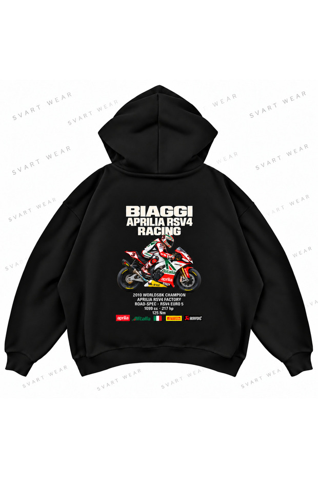 Max Biaggi · Aprilia Rsv4 Factory · 2010 Printed Black Oversize Boxy Hoodie Sweatshirt