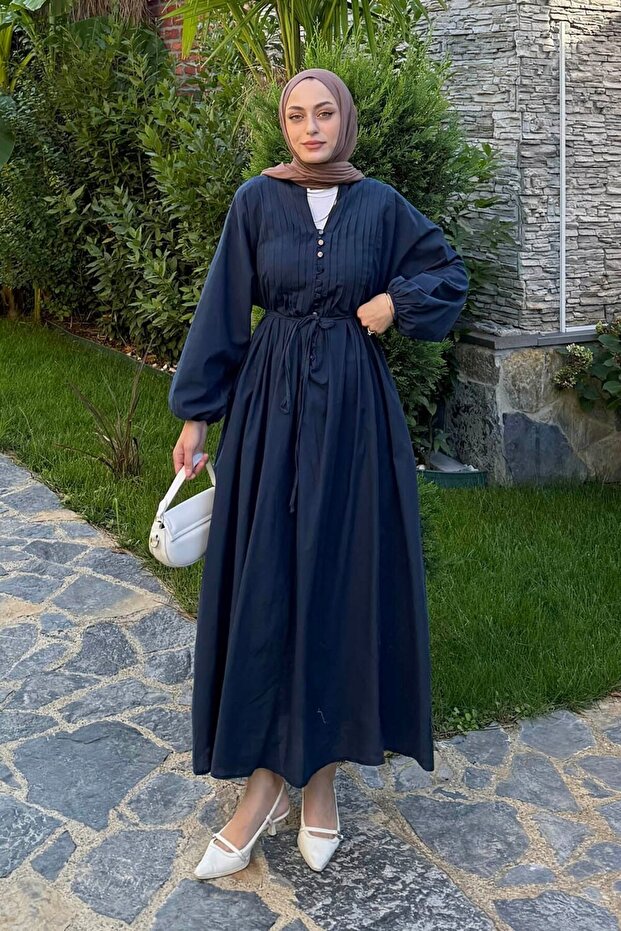 Ribbed Voile Hijab Dress Navy Blue