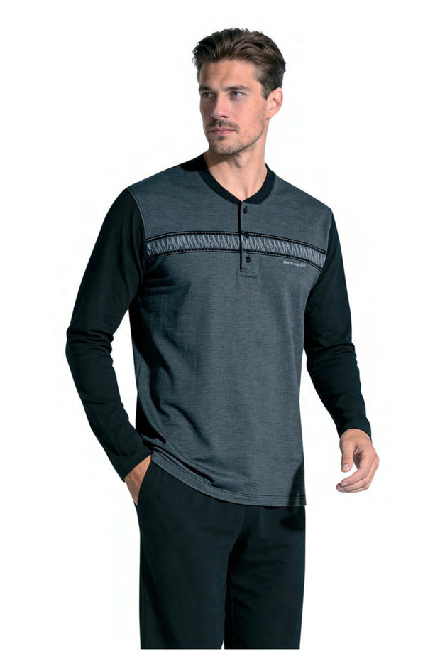 Men's Buttoned Collar Jacquard Stripe Detailed Pajama Set