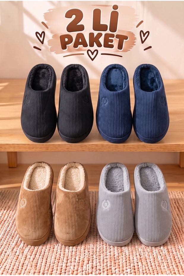 2-Piece Mixed Men's and Women's Advantageous Package Plush House Slippers Closed Toe Open Back Warm Comfortable Slippers