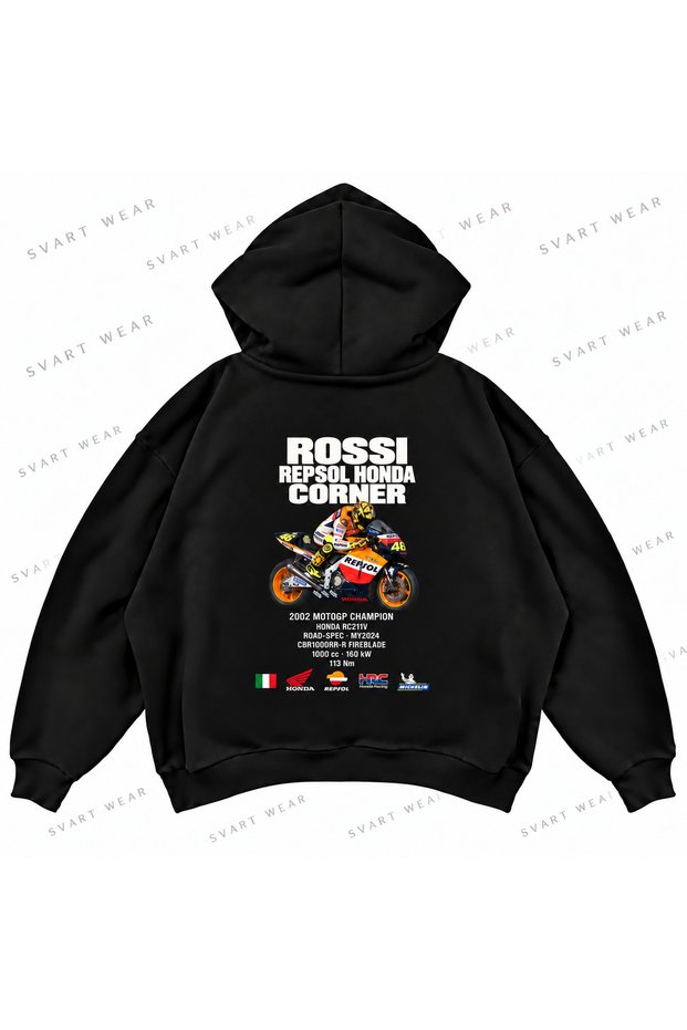 Valentino Rossi · Honda Rc211V · 2002 Front and Back Printed Black Oversize Boxy Hoodie