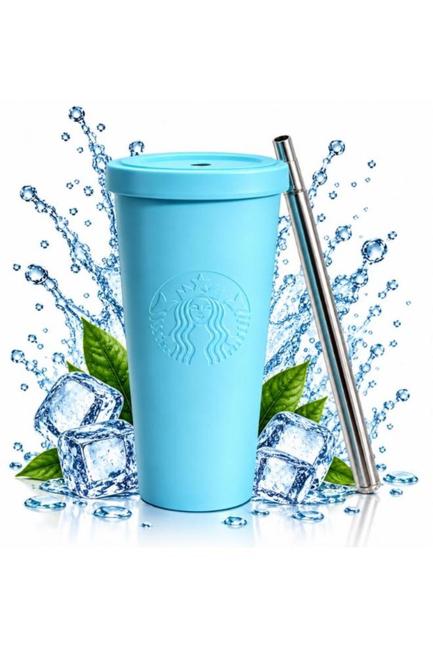 Reusable Tumbler with Stainless Steel Straw – Blue Cold Cup with Lid